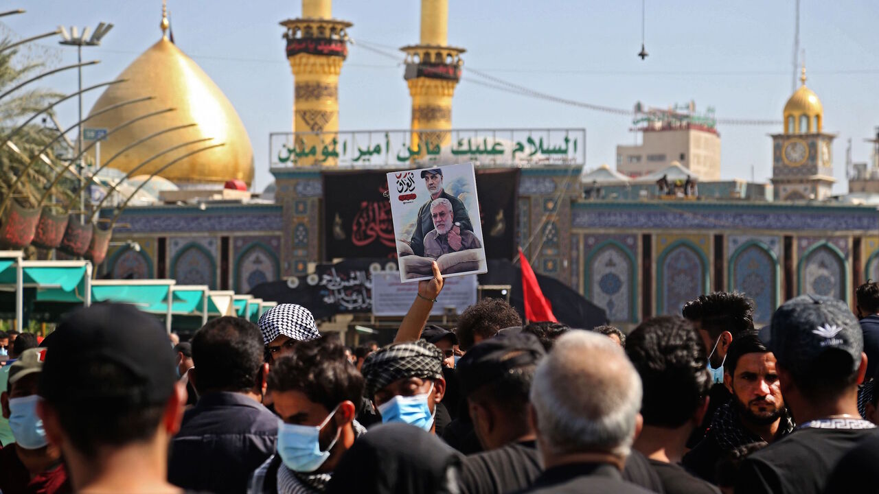 Shiite Muslims take part in a mourning ritual in Iraq's central holy city of Karbala, on October 8, 2020, marking Arbaeen, the end of the 40-day mourning period for the seventh century killing of Imam Hussein, Prophet Mohammed's grandson. (Photo by Mohammed SAWAF / AFP) (Photo by MOHAMMED SAWAF/AFP via Getty Images)