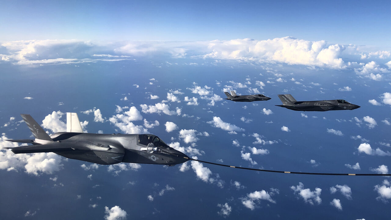 IN FLIGHT, SCOTLAND - OCTOBER 08: An F-35B combat aircraft from the United States Marine Corp refuels from an RAF Voyager aircraft over the North Sea on October 08, 2020 in flight, above Scotland. The first air-to-air refuelling of F-35Bs from the newly-formed Carrier Strike Group took place as part of Operation Joint Warrior. Flying from HMS Queen Elizabeth, the RAF, RN and USMC Pilots (USofA) were demonstrating the operational capabilities of NATO and the UK for current and future threats. Operation Joint