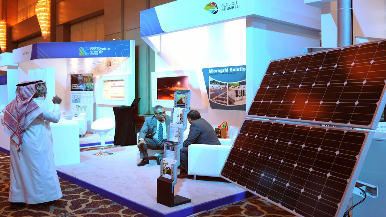 Exhibitors and visitors attend the Saudi Arabia Renewable Energy Investment Forum (SAREIF) on April 17, 2017, in Riyadh. / AFP PHOTO / FAYEZ NURELDINE        (Photo credit should read FAYEZ NURELDINE/AFP via Getty Images)