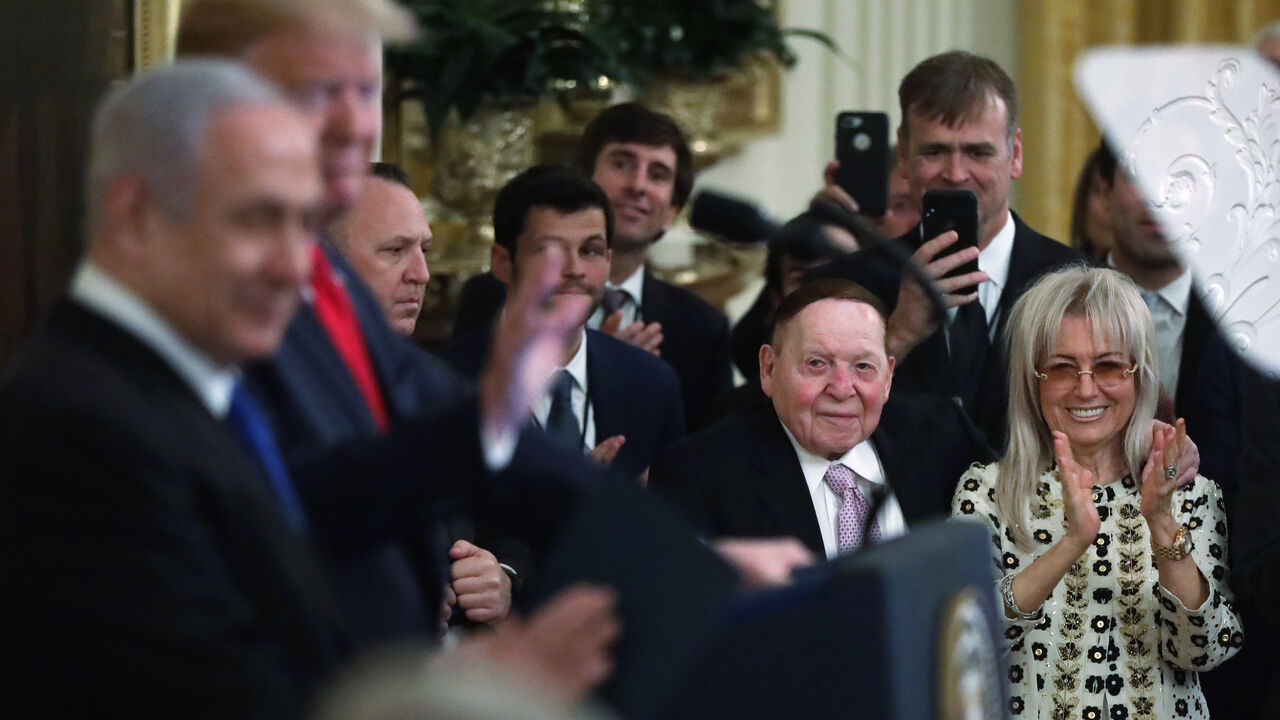 WASHINGTON, DC - JANUARY 28: U.S. President Donald Trump and Israeli Prime Minister Benjamin Netanyahu participate in an East Room event at the White House as Founder, Chairman and CEO of Las Vegas Sands Sheldon Adelson and his wife Miriam Ochsorn look on January 28, 2020 in Washington, DC. President Trump released details of his administration's long-awaited Middle East peace plan to resolve the Israeli-Palestinian conflict. (Photo by Alex Wong/Getty Images)