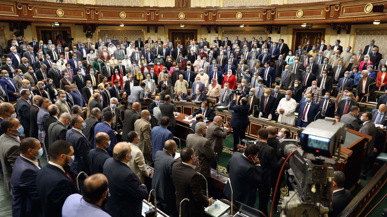 Egyptian parliament members attend a general session in the capital Cairo on July 20, 2020. - Egypt's parliament greenlighted behind a closed-doors session later today, the possible deployment of troops in Libya to support Cairo's ally Khalifa Haftar, if rival Turkish-backed forces recapture the city of Sirte, the house said. (Photo by - / AFP) (Photo by -/AFP via Getty Images)