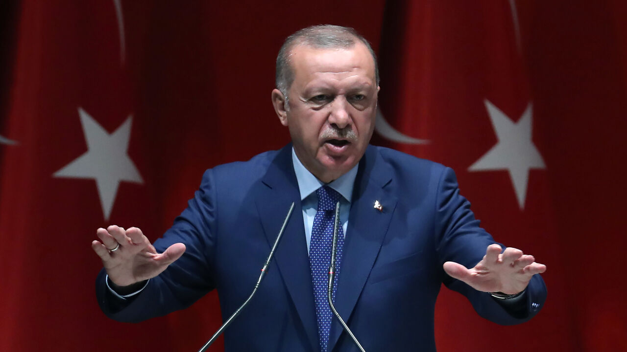Turkish President and leader of Justice and Development (AK) Party Recep Tayyip Erdogan delivers a speech during AK Party's extended meeting of Provincial heads at AK Party Headquarters in Ankara on September 5, 2019. (Photo by Adem ALTAN / AFP)        (Photo credit should read ADEM ALTAN/AFP via Getty Images)