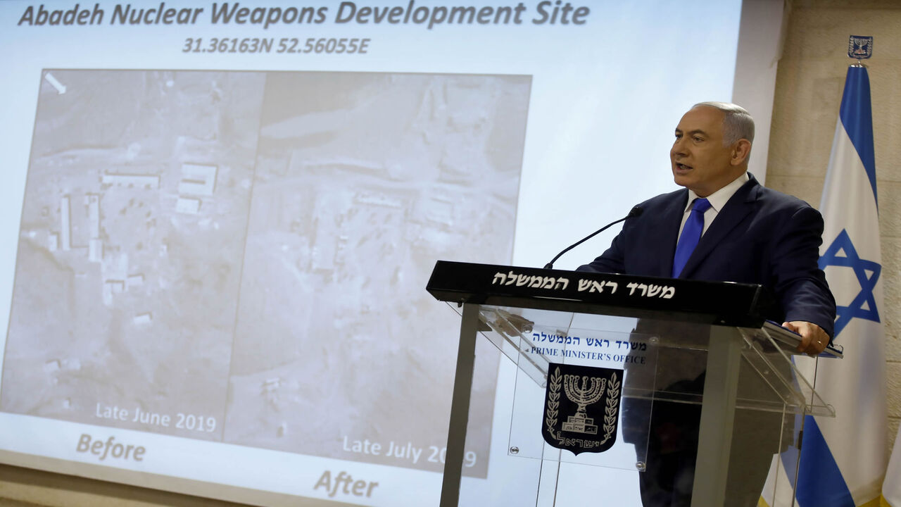 Israeli Prime Minister and Defence Minister Benjamin Netanyahu delivers a statement to the media on the Iranian nuclear issue at the Foreign Ministry in Jerusalem on September 9, 2019. - Netanyahu accused Iran of having a previously undisclosed site aimed at developing nuclear weapons that it destroyed. Iran itself destroyed the site located near the city of Abadeh, south of Tehran, in around July after realising that Israel had detected it, Netanyahu alleged. (Photo by Menahem KAHANA / AFP)        (Photo c