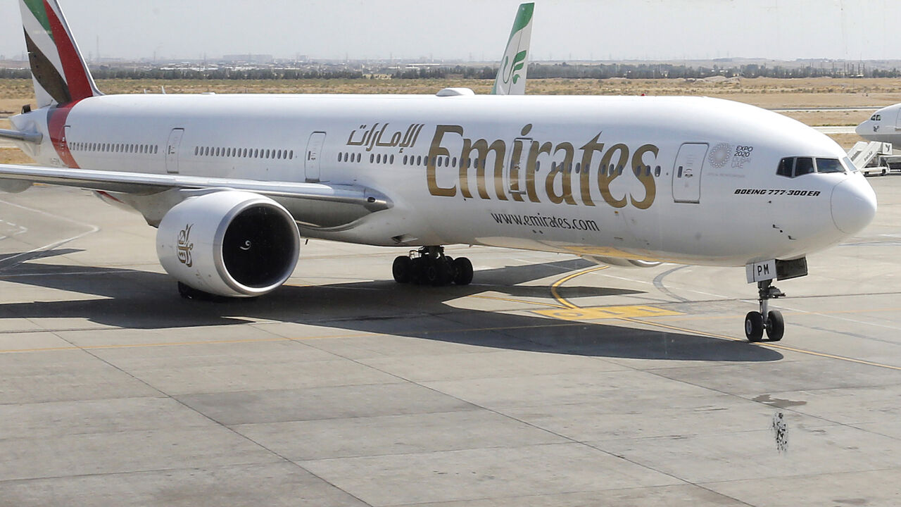 This picture taken on July 17, 2020 shows an Emirates Boeing 777-31H aircraft taxying upon arrival at the Iranian capital Tehran's Imam Khomeini International Airport. - The UAE's Emirates airlines landed its first flight in Tehran on July 17 after a five month shutdown due to the novel coronavirus pandemic. (Photo by - / AFP) (Photo by -/AFP via Getty Images)