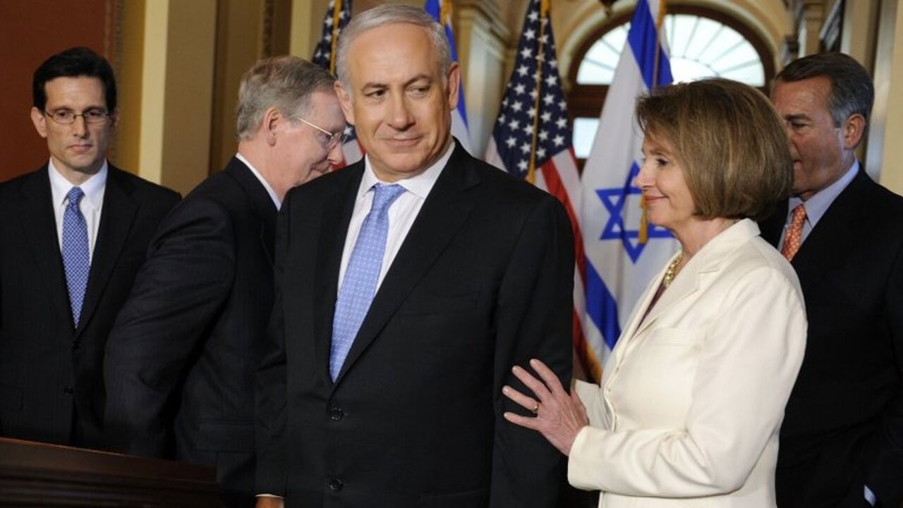 Israel's Prime Minister Benjamin Netanyahu (C) talks to reporters with U.S. House Majority Leader Eric Cantor (R-VA) (L), Senate Minority Leader Mitch McConnell (R-KY) (2nd L), House Minority Leader Nancy Pelosi (D-CA) (2nd R) and House Speaker John Boehner (R-OH) (R) after Netanyahu's speech before Congress at the Capitol in Washington May 24, 2011. Israel must seek peace with the Palestinians that will entail "painful compromises" including the handover of biblical land dear to Jews, Netanyahu said on Tue