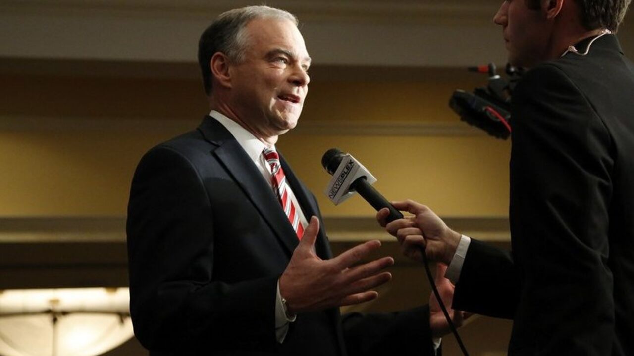 Democratic U.S. Senate candidate Tim Kaine (D-VA) does a series of interviews at the site of his election-night party during the U.S. presidential election in Richmond, Virginia November 6, 2012.   REUTERS/Jonathan Ernst    (UNITED STATES - Tags: POLITICS ELECTIONS USA PRESIDENTIAL ELECTION) - RTR3A32N