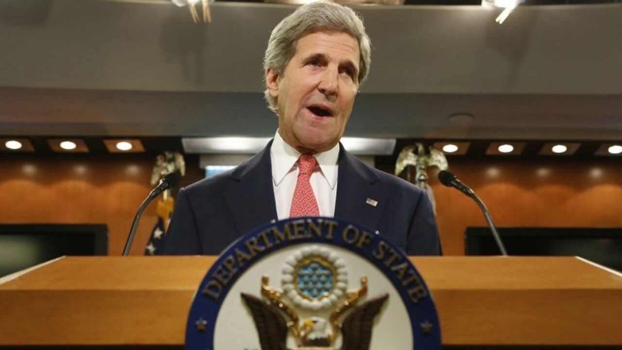 U.S. Secretary of State John Kerry delivers a statement on Ukraine from the State Department press briefing room in Washington April 24, 2014. REUTERS/Yuri Gripas (UNITED STATES - Tags: POLITICS) - RTR3MJGY