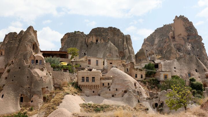 An view of the Uchisar settlement, east of Nevesehir in the province of the same name in central Turkey's historical Cappadocia region on Aug. 24, 2022