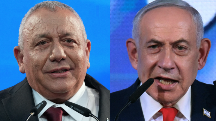 This combination of pictures created on Oct. 28, 2026, shows Yashar leader Gadi Eisenkot (L) addressing his supporters at an election night rally in Tel Aviv and Prime Minister Benjamin Netanyahu addressing his supporters at an election night rally in Jerusalem, both early on Oct. 28, 2026