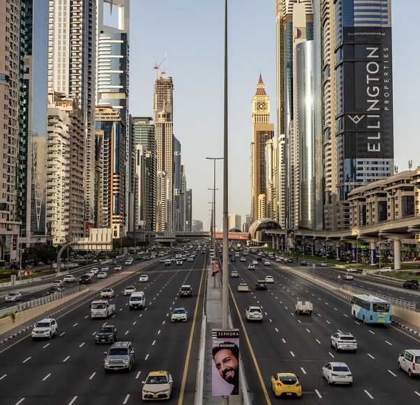 Traffic moves on Sheikh Zayed Road in Dubai on March 24, 2025. 