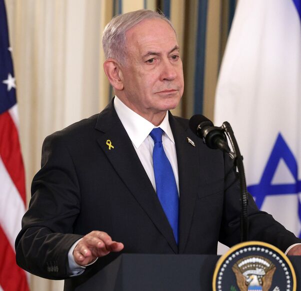 Israeli Prime Minister Benjamin Netanyahu participates in a joint news conference with US President Donald Trump (not seen) in the State Dining Room at the White House on Sept. 29, 2025, in Washington.