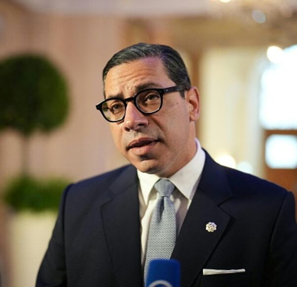 Cyprus' Foreign Minister Constantinos Kombos speaks to media at a Ministerial Council meeting of the Organization for Security and Co-operation in Europe (OSCE) on December 4, 2025 in Vienna, Austria. (GEORG HOCHMUTH/AFP via Getty Images)