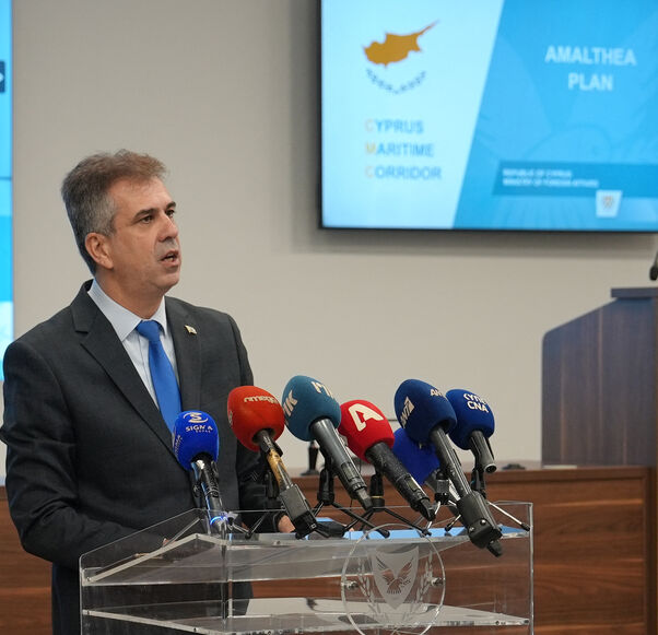 Israel's Foreign Minister Eli Cohen gives a press conference in Larnaca on December 20, 2023 talking about a humanitarian aid corridor from the Mediterranean island to war-torn Gaza. (Photo by Elisa AMOURET / AFP) (Photo by ELISA AMOURET/AFP via Getty Images)