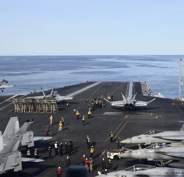 An F-18E fighter jet takes off from the aircraft carrier USS Gerald R. Ford, Sept. 24, 2025. 