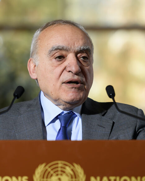 Ghassan Salame, then-UN Envoy for Libya, holds a press briefing during UN-brokered military talks on Feb. 18, 2020 in Geneva. 