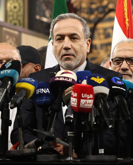Iranian Foreign Minister Abbas Araghchi speaks to the press during a visit to the shrine of slain Hezbollah leader Hassan Nasrallah in Beirut's southern suburbs on Jan. 8, 2026. 