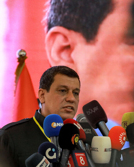 Mazloum Kobane, commander-in-chief of the Syrian Democratic Forces (SDF), speaks during the pan-Kurdish "Unity and Consensus" conference in Qamishli in northeastern Syria on April 26, 2025. 