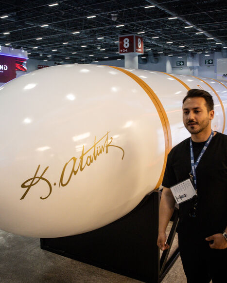 ISTANBUL, TURKEY - MAY 06: A man poses for a photograph in front of the newly unveiled, Turkish made intercontinental ballistic missile Yildirimhan at the SAHA International Defence and Aerospace Expo on May 06, 2026 in Istanbul, Turkey. The International Defence and Aerospace Exhibition, showcased Turkish and foreign companies new products and technology. The expo was dominated by UAV products as modern warfare increasingly shifts to drone and unmanned technologies. (Photo by Chris McGrath/Getty Images)