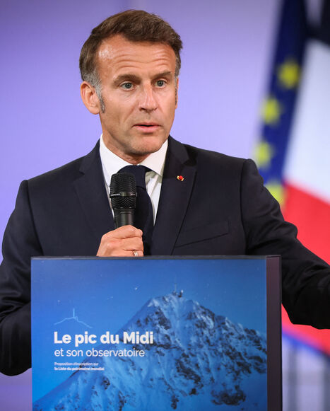 France's President Emmanuel Macron delivers a speech after receiving the Pic du Midi nomination file for inscription on the UNESCO World Heritage List from officials of the Occitanie region at the Elysee Presidential Palace in Paris on June 9, 2026. (Photo by Thomas Padilla / POOL / AFP via Getty Images)