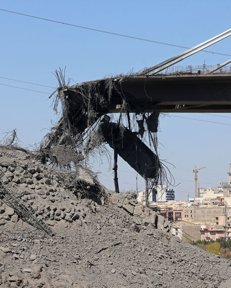 A view of the B1 bridge is pictured, a day after it was destroyed by a strike in Karaj, around 20miles (35kms) southwest of Tehran, April 3, 2026. 