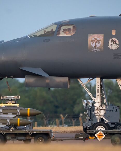 Muntions near a B1 Bomber are seen at RAF Fairford on July 24, 2026, in Fairford, England. 