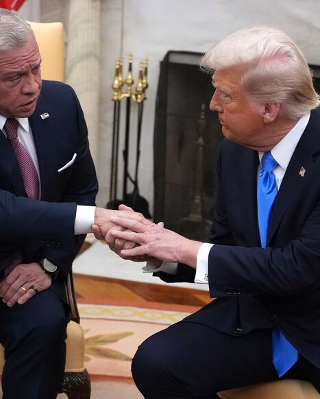 US President Donald Trump (R) meets with Jordanian King Abdullah II in the Oval Office of the White House, Washington, DC, Feb. 11, 2025.