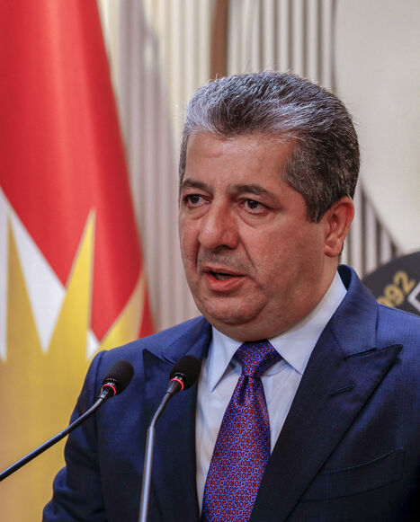 Masrour Barzani, Prime Minister of the Iraqi Kurdistan Regional Government, gives a press conference in the autonomous region's capital Arbil on June 25, 2025. 