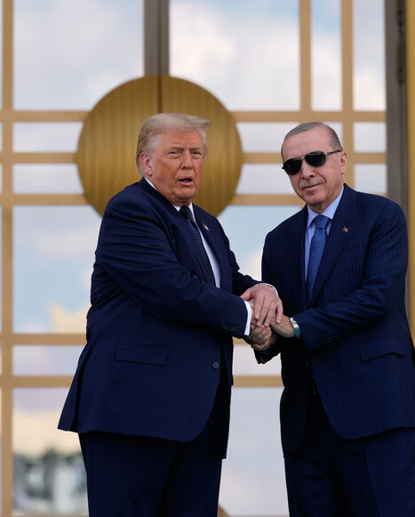 ANKARA, TURKEY - JULY 7: U.S. President Donald Trump (L)shakes hands with with Turkish President Recep Tayyip Erdogan (R) during a formal arrival at the Bestepe Presidential Palace during the NATO summit on July 7, 2026 in Ankara, Turkey. Leaders from NATO's 32 countries, plus NATO allies like Ukraine, gathered in the Turkish capital to discuss a range of issues involving spending targets, defense industrial production, and support for Ukraine, among other topics. (Photo by Emrah Gurel - Pool/Getty Images)