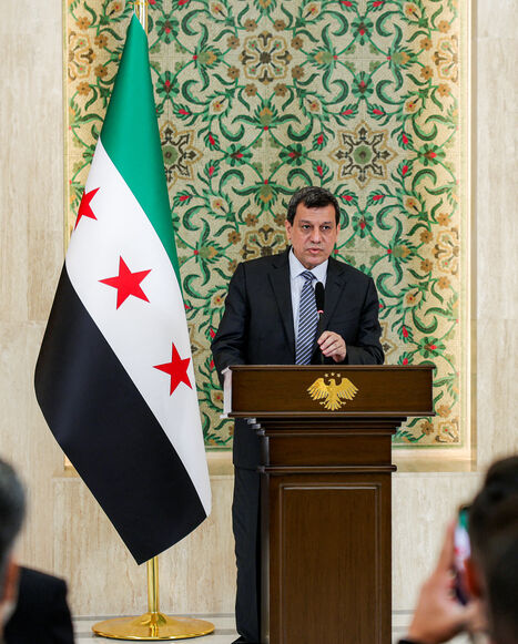Mazloum Kobane, leader of the Kurdish-led Syrian Democratic Forces (SDF), speaks during a televised speech at the People's Palace in Damascus on Aug. 25, 2026.