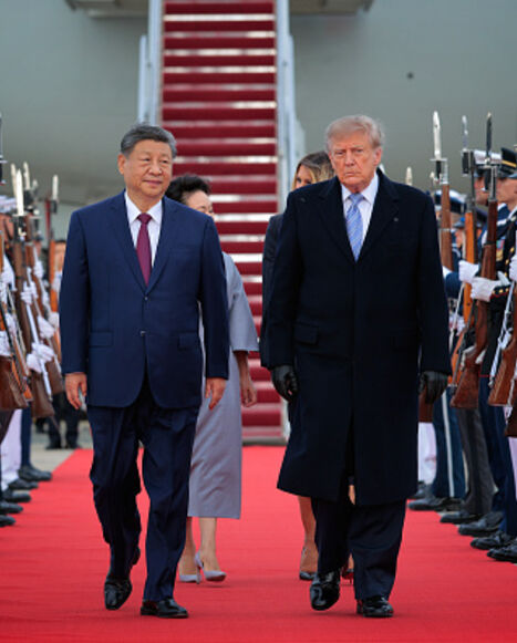 OINT BASE ANDREWS, MARYLAND - SEPTEMBER 23: U.S. President Donald Trump (R) walks on a red carpet after greeting Chinese President Xi Jinping (L) during an arrival ceremony on September 23, 2026 at Joint Base Andrews, Maryland. President Trump is hosting President Xi for a three-day state visit to Washington, DC where the leaders are expected to discuss trade practices, artificial intelligence and furthering “strategic stability” between their countries. (Photo by Chip Somodevilla/Getty Images)