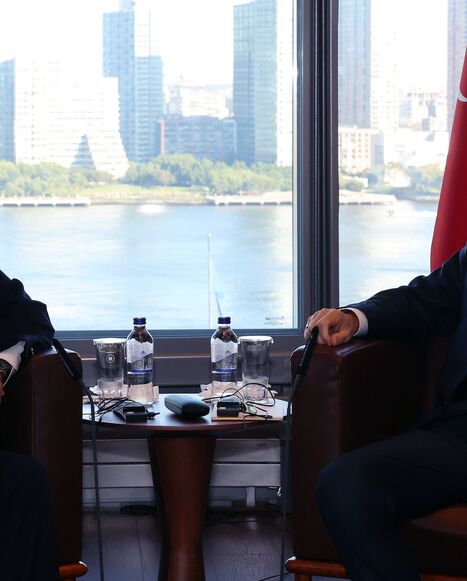 Turkish President Recep Tayyip Erdogan receives Israeli Prime Minister Benjamin Netanyahu at the Turkish House in New York, on Sept. 19, 2023. 