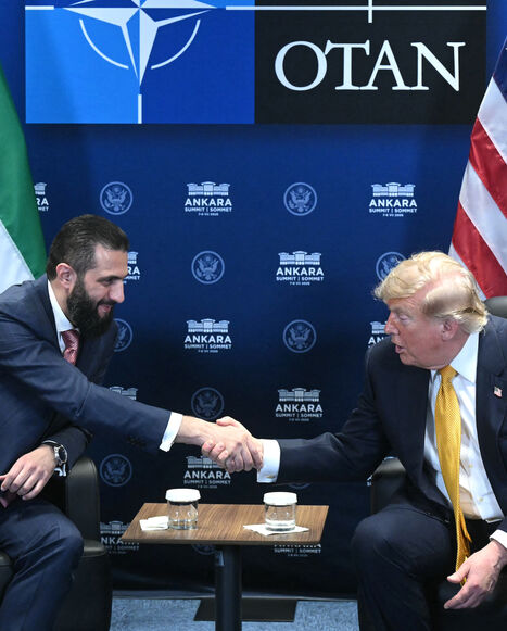 US President Donald Trump meets Syrian President Ahmed al-Sharaa (L) on the sidelines of the NATO Summit at Bestepe Presidential Compound in Ankara, on July 8, 2026. 