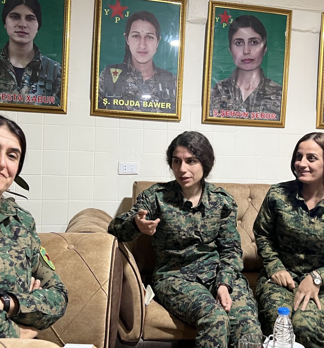 YPJ Commander in Chief Rojhelat Afrin pictured at YPJ headquarters near Al-Hasakh with YPJ spokesperson Heval Roksana and YPJ Field Commander Heval Kurdistan, Nov. 23, 204.