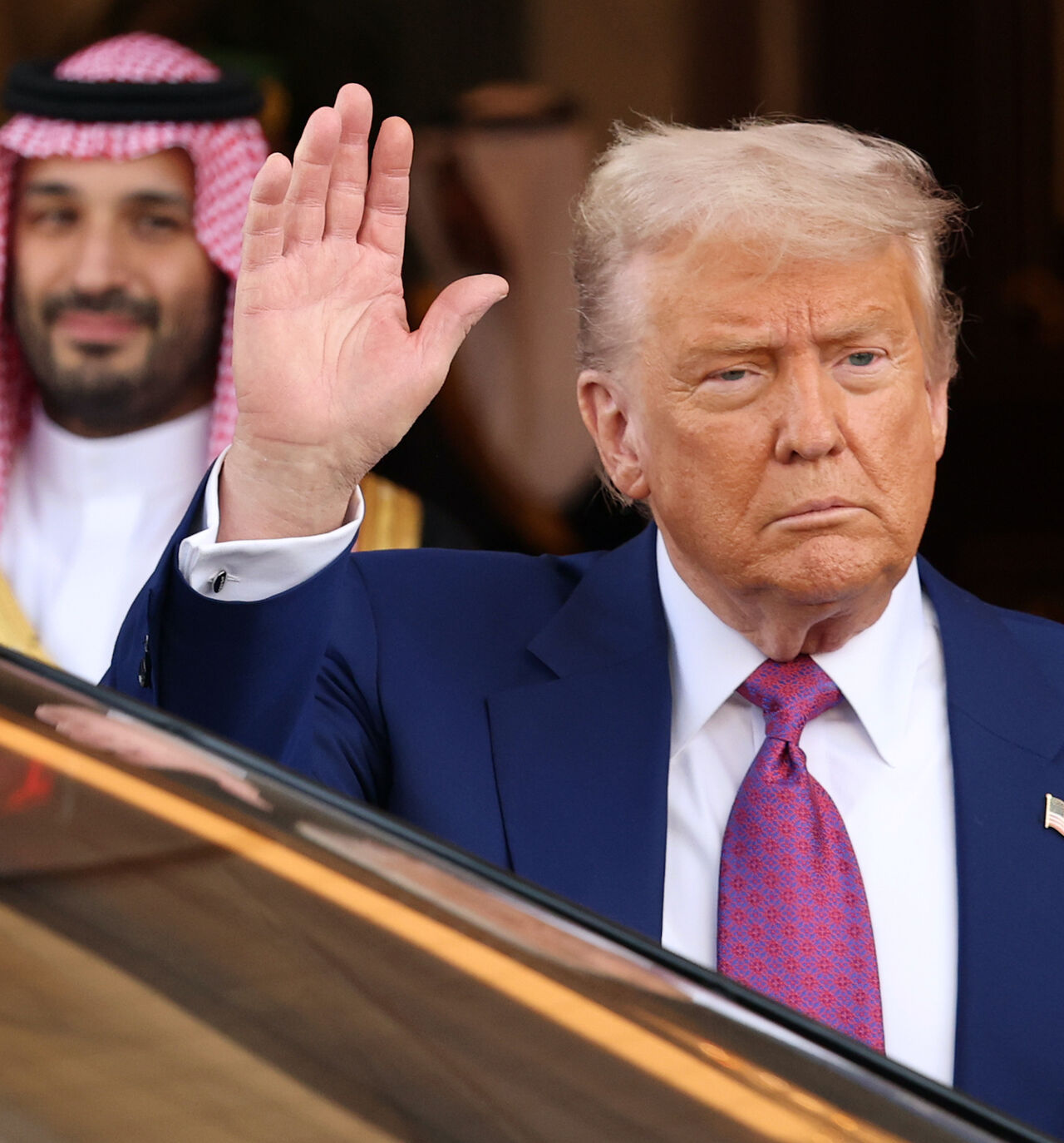 US President Donald J. Trump leaves the Saudi Royal Court with Saudi Crown Prince Mohammed bin Salman on May 13, 2025, in Riyadh, Saudi Arabia. 