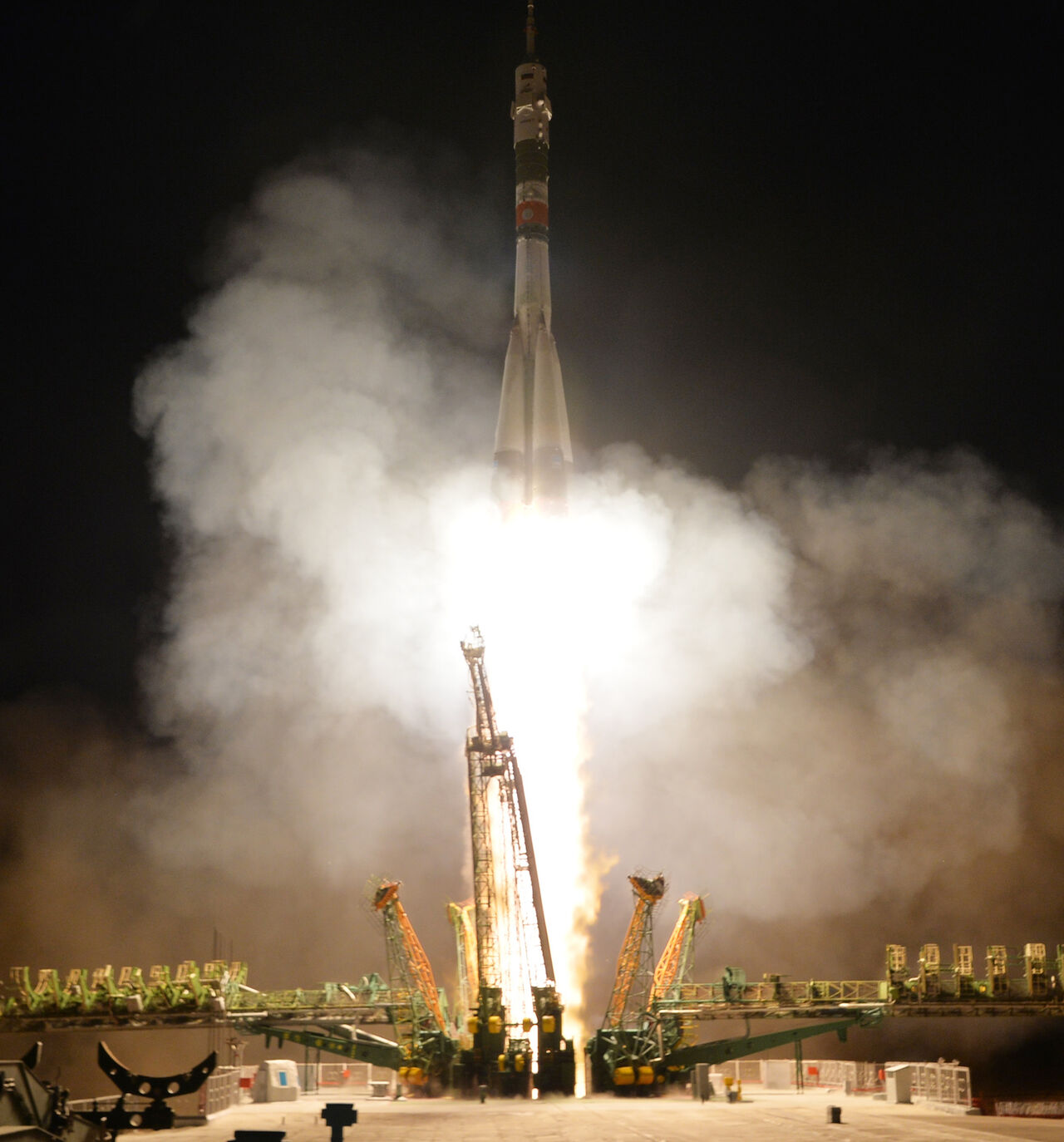 The Soyuz MS-15 rocket carrying three crew members of the International Space Station (ISS) blasts off to the ISS from the launch pad of the Russian-leased Baikonur cosmodrome in Kazakhstan on Sept. 25, 2019. 