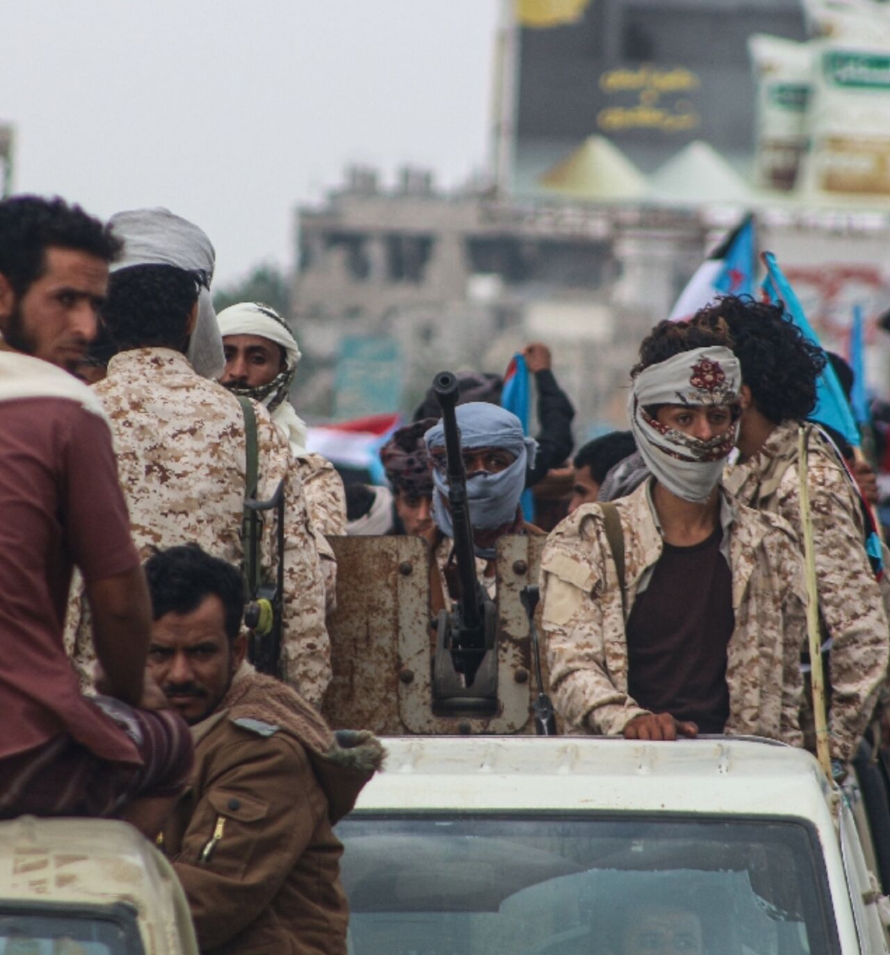 Members of the Sabahiha tribes of Lahj gather during a rally to show their support for the UAE-backed Southern Transitional Council in  Aden on December 14