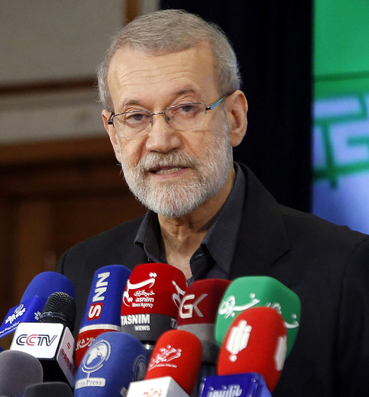 Ali Larijani, former Iranian parliament speaker, addresses the media following his registration at the elections registration office, ahead of the country's election of a new president next month, Tehran, Iran, May 31, 2024.