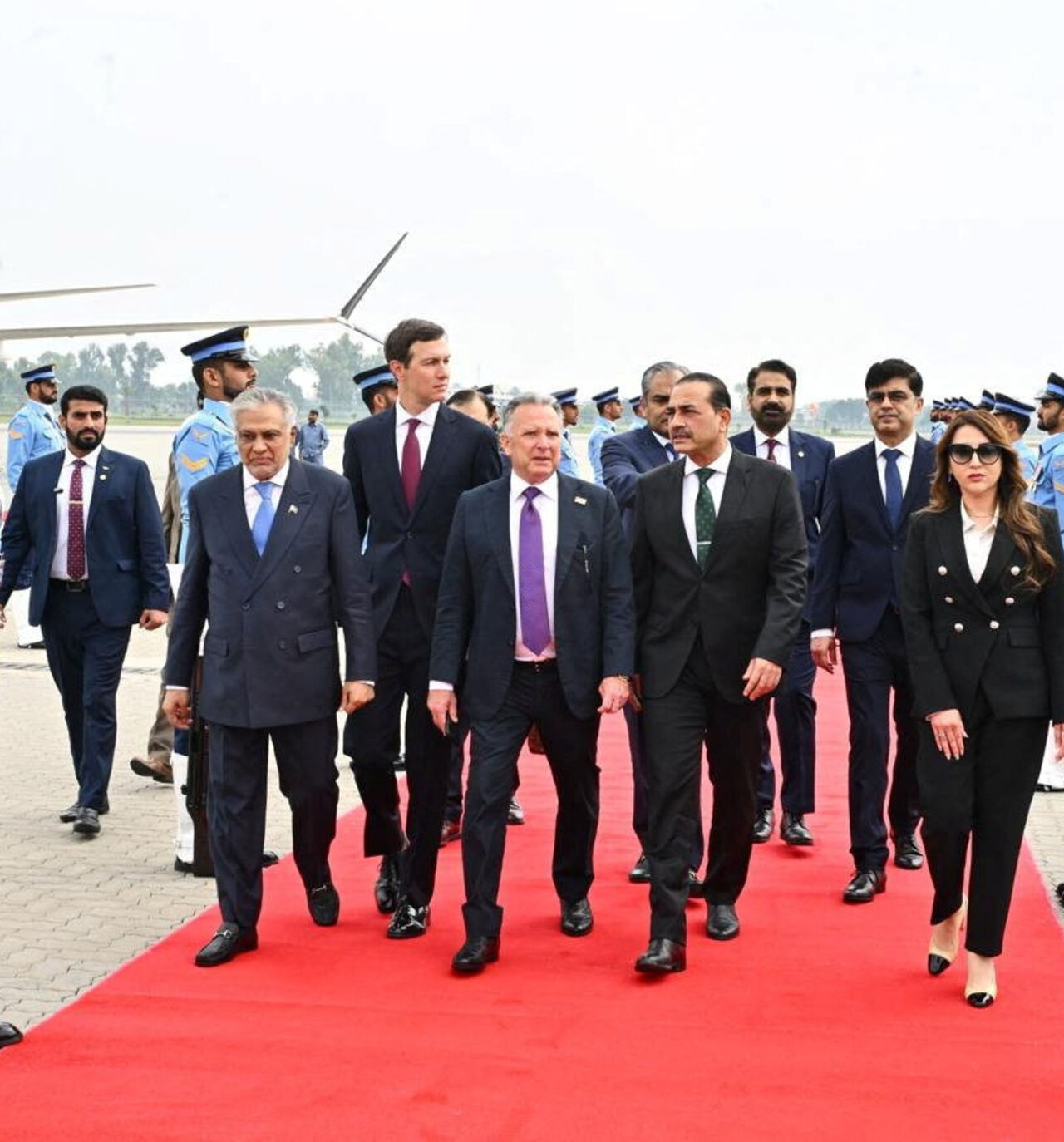 U.S. Special Envoy Steve Witkoff and Jared Kushner walk with Pakistan's Chief of Defence Forces and Chief of Army Staff Field Marshal Asim Munir, and Pakistani Deputy Prime Minister and Foreign Minister Mohammad Ishaq Dar after arriving for peace talks with Iranian officials in Islamabad, Pakistan, Saturday, April 11, 2026. Pakistan's Ministry of Foreign Affairs/Handout via REUTERS