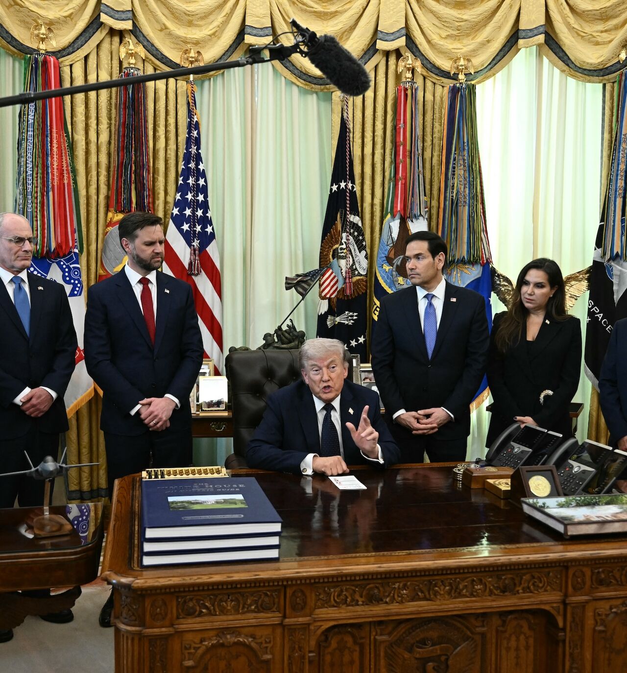 US Ambassador to Israel Mike Huckabee, Israel Ambassador to US Yechiel Leiter, US Vice President JD Vance, US Secretary of State Marco Rubio, Lebanon Ambassador to the US Nada Hamadeh and US ambassador to Lebanon Michel Issa listen as President Donald Trump speaks during a meeting at the White House in Washington on April 23, 2026. 
