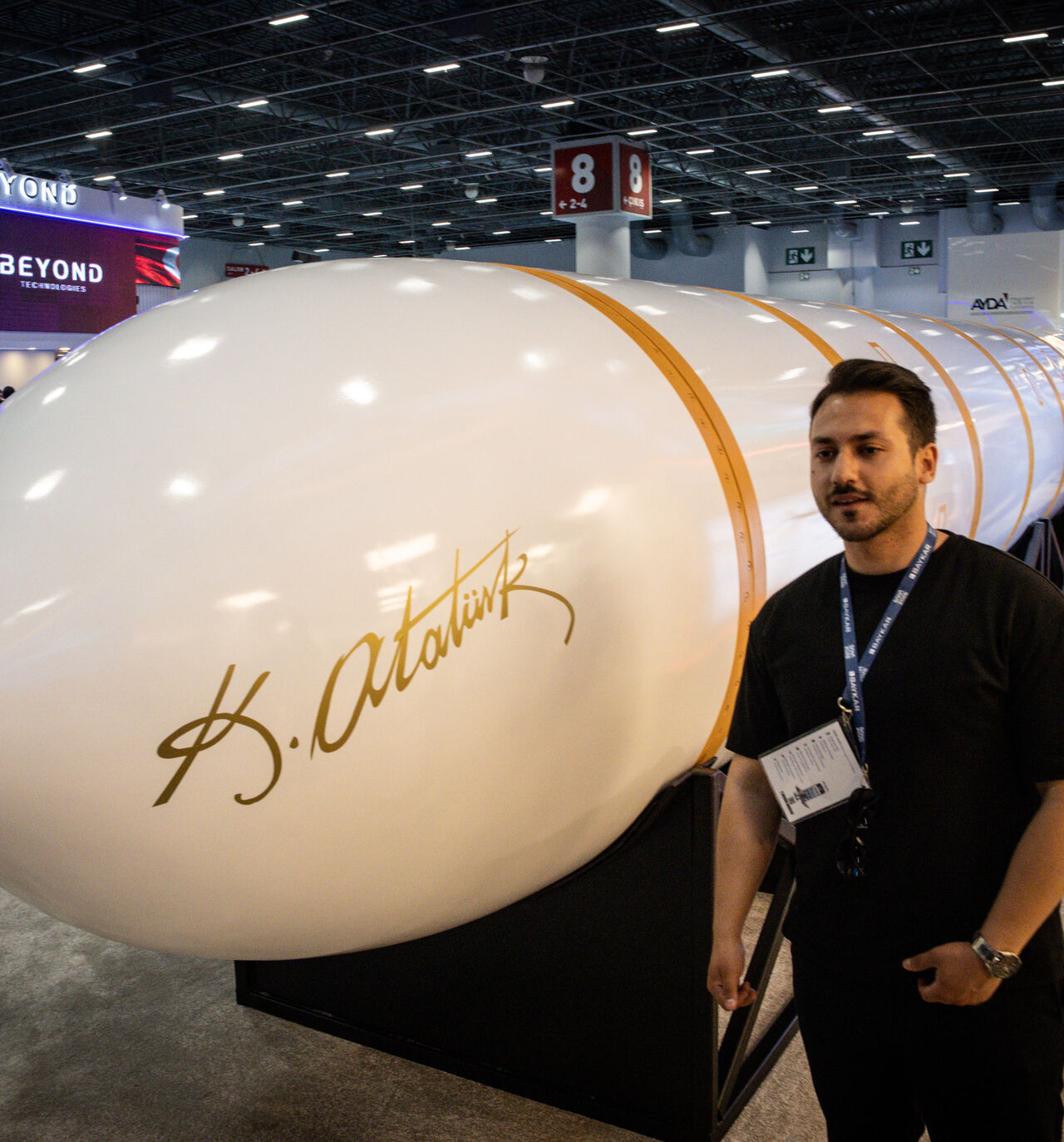 ISTANBUL, TURKEY - MAY 06: A man poses for a photograph in front of the newly unveiled, Turkish made intercontinental ballistic missile Yildirimhan at the SAHA International Defence and Aerospace Expo on May 06, 2026 in Istanbul, Turkey. The International Defence and Aerospace Exhibition, showcased Turkish and foreign companies new products and technology. The expo was dominated by UAV products as modern warfare increasingly shifts to drone and unmanned technologies. (Photo by Chris McGrath/Getty Images)