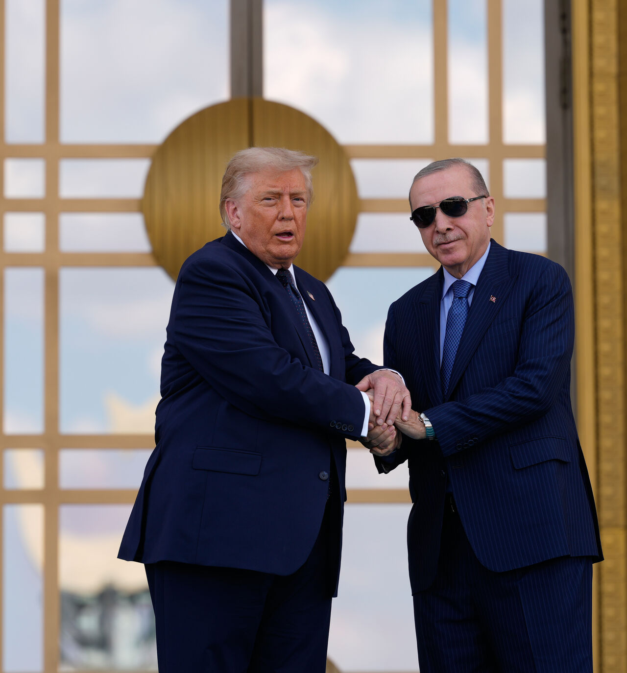 ANKARA, TURKEY - JULY 7: U.S. President Donald Trump (L)shakes hands with with Turkish President Recep Tayyip Erdogan (R) during a formal arrival at the Bestepe Presidential Palace during the NATO summit on July 7, 2026 in Ankara, Turkey. Leaders from NATO's 32 countries, plus NATO allies like Ukraine, gathered in the Turkish capital to discuss a range of issues involving spending targets, defense industrial production, and support for Ukraine, among other topics. (Photo by Emrah Gurel - Pool/Getty Images)