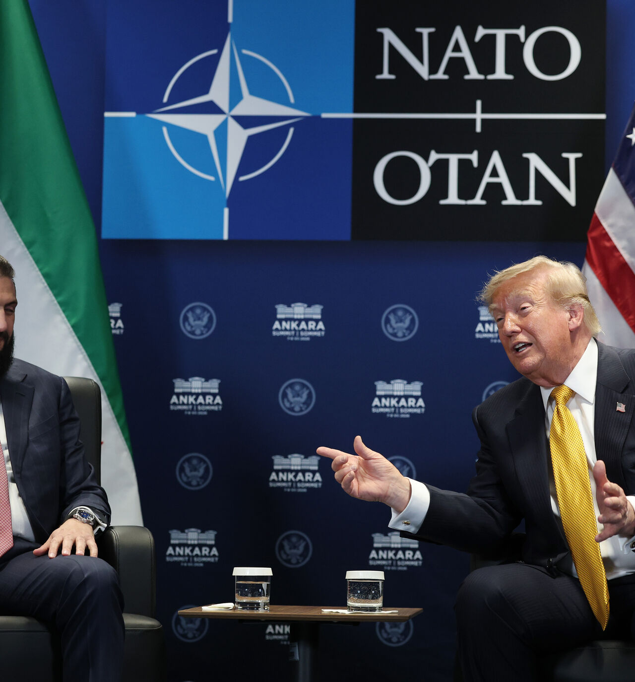 ANKARA, TURKEY - JULY 08: U.S. President Donald Trump (R) meets with Ahmed al-Sharaa, President of Syria (L) for bilateral talks at Beştepe Presidential Compound during the NATO Summit on July 08, 2026 in Ankara, Turkey. Leaders from NATO's 32 countries, plus NATO allies like Ukraine, gathered in the Turkish capital to discuss a range of issues involving spending targets, defense industrial production, and support for Ukraine, among other topics. (Photo by Win McNamee/Getty Images)
