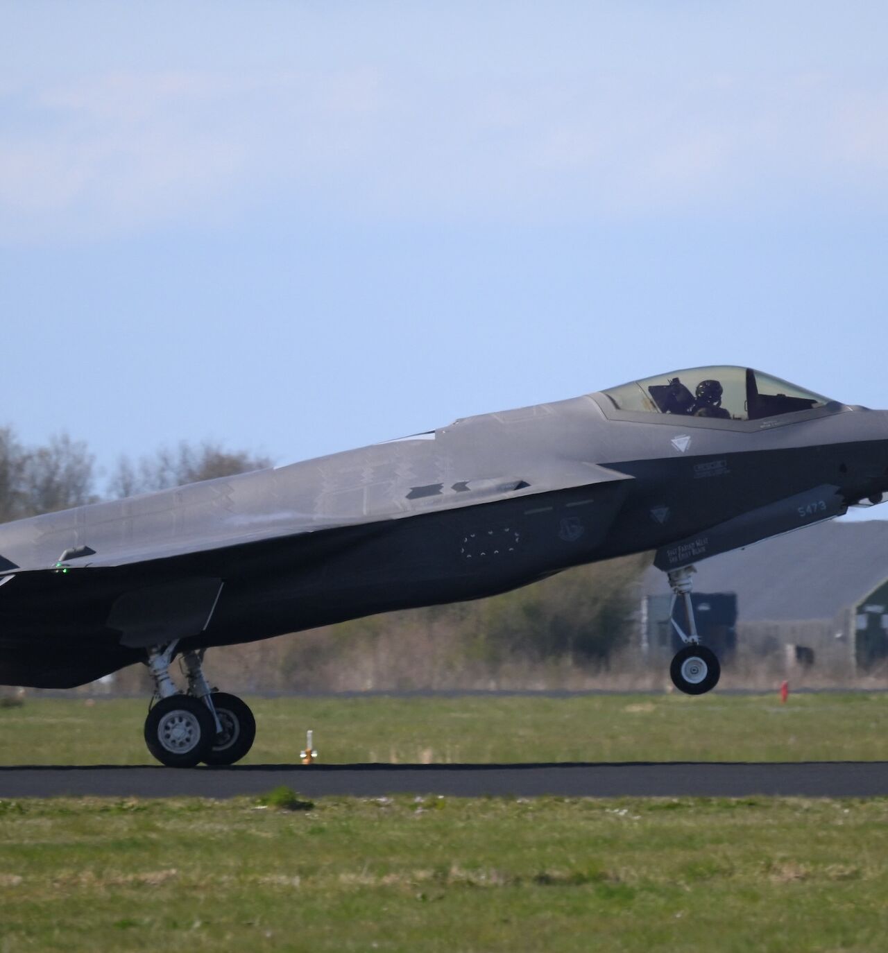 A US Air Force F-35 fifth-generation jet fighter takes off during the NATO's Ramsteign Flag 2025 exercise at Leeuwarden Air Base on April 8, 2025. 