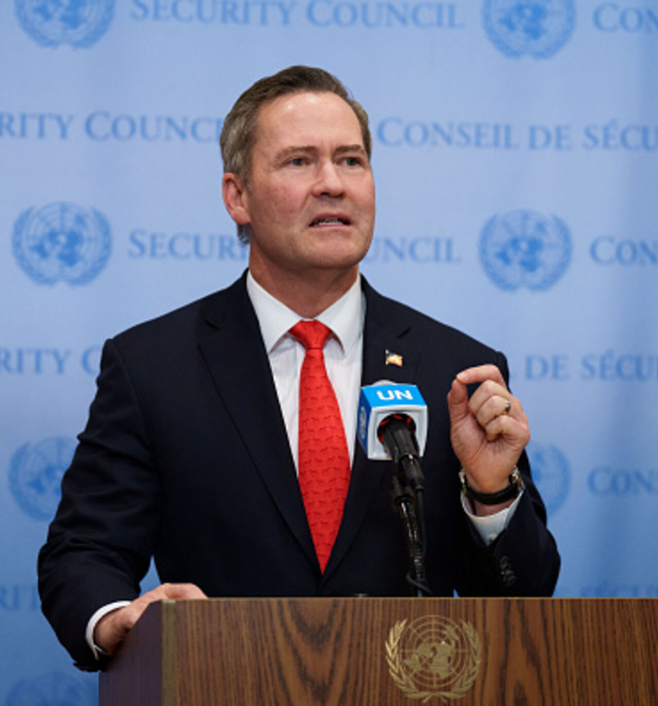 NEW YORK, NEW YORK - NOVEMBER 17: U.S. Ambassador to the United Nations Mike Waltz speaks to the media on November 17, 2025 in New York City. The United Nations Security Council is expected to vote on a draft resolution authored by the US that welcomes the establishment of a Board of Peace (BoP) as a "transitional governance administration" in Gaza and authorizes the BoP to establish a temporary International Stabilization Force (ISF) in the region. (Photo by Adam Gray/Getty Images)