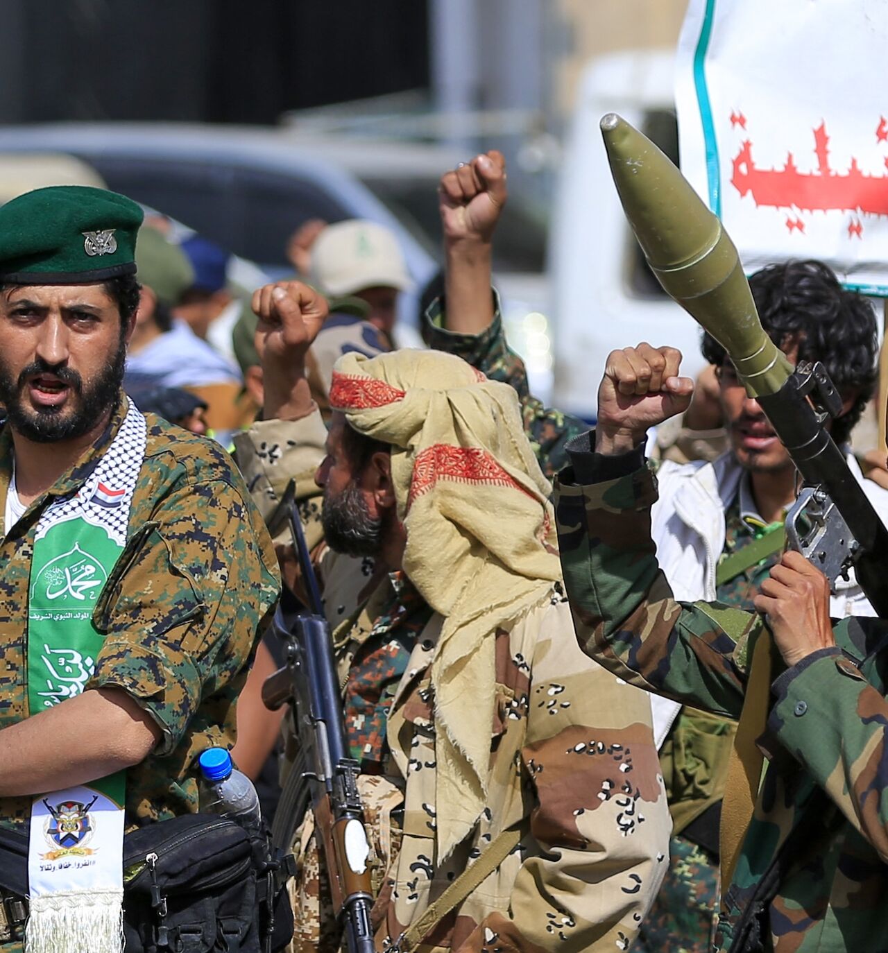 Fighters loyal to the Houthi authorities shout slogans during a rally to recruit more fighters, in Sanaa, Yemen, on Sept. 10, 2026.