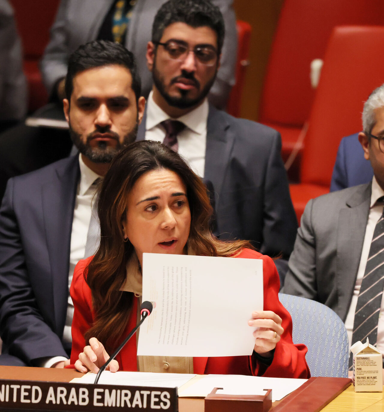 NEW YORK, NEW YORK - FEBRUARY 23: Permanent Representative of the UAE to the United Nations Ambassador Lana Nusseibeh speaks during a meeting on February 23, 2023 at U.N. Headquarters in New York City. The Security Council met to discuss international peace and security issues. The General Assembly continues its Eleventh Emergency Special Session on Ukraine to resume introductions on a new draft resolution and two proposed amendments on the eve of the one year anniversary of the start of the war in Ukraine.