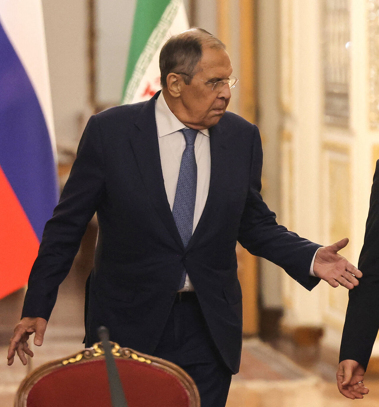 Russia's Foreign Minister Sergey Lavrov (L) and Iran's Foreign Minister Abbas Araghchi arrive to hold a press conference after a meeting in Tehran on October 19, 2026. The Russian foreign minister arrived in Iran on October 19, in his first visit since the outbreak of the Middle East war as Moscow seeks to play a mediating role. (Photo by ATTA KENARE / AFP via Getty Images)