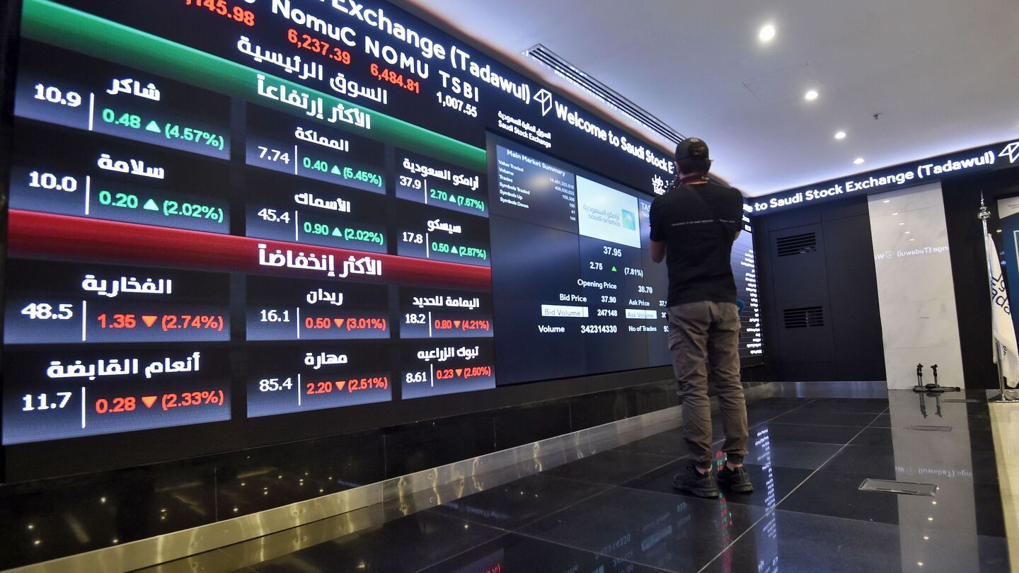 This picture taken December 12, 2019 shows a view of the board at the Stock Exchange Market (Tadawul) bourse in Riyadh. - Energy giant Saudi Aramco's market value soared above $2 trillion as its share price surged again on its second day of trading. The valuation milestone was sought by Saudi Crown Prince Mohammed bin Salman when he first floated the idea of selling up to five percent of Aramco, the world's largest oil firm, about four years ago. Aramco shares jumped another 9.7 percent to 38.60 riyals ($10