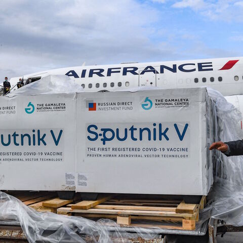This picture taken on March 9, 2021 shows the arrival of a shipment of Russia's Sputnik V COVID-19 coronavirus vaccines in Tunisia's capital's Tunis-Carthage International Airport. 