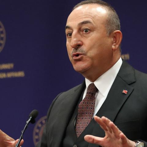 Turkish Foreign Minister Mevlut Cavusoglu gives a press conference following a meeting with his Slovakian counterpart in Ankara, on March 16, 2021.